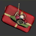 Red Gift Box With Gold Ribbon And Decorative Red White Berries Green Leaves