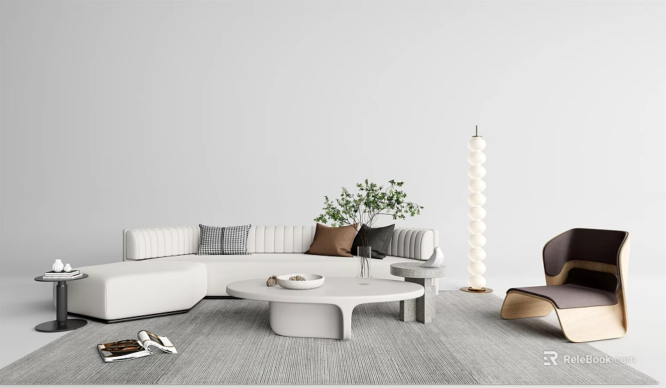 Modern Living Room Sofa And Coffee Table With Throw Pillows Green Plant And Floor Lamp 3d model 