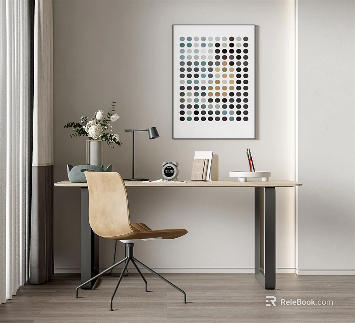 Minimalist Desk Interior With Wooden Chair Table Lamp Clock Books And Colorful Dot Wall Art 3d model 