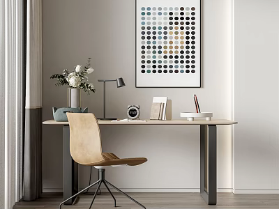 Minimalist Desk Interior With Wooden Chair Table Lamp Clock Books And Colorful Dot Wall Art 3d model