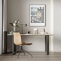 Minimalist Desk Interior With Wooden Chair Table Lamp Clock Books And Colorful Dot Wall Art