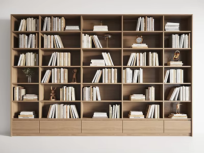 Light Wood Bookshelf With Multiple Shelves Filled With Books And Small Decorative Items 3d model