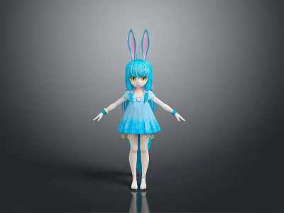 Anime Style Character With Rabbit Ears Blue Long Hair Green Eyes And Blue Dress 3d model