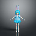 Anime Style Character With Rabbit Ears Blue Long Hair Green Eyes And Blue Dress