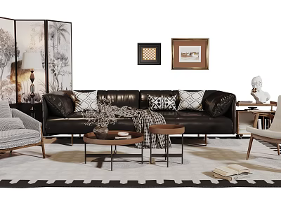 Stylish Black Leather Sofa With Brown Coffee Table Decorative Pillows Table Lamp And Area Rug 3d model