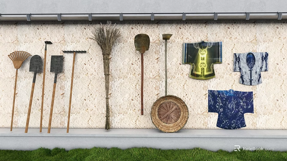 Building Exterior Wall Displaying Traditional Tools Kimono And Woven Items On Grass 3d model 