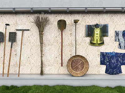 Building Exterior Wall Displaying Traditional Tools Kimono And Woven Items On Grass 3d model