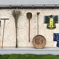 Building Exterior Wall Displaying Traditional Tools Kimono And Woven Items On Grass
