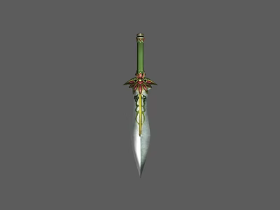 Ornate Decorative Sword Featuring Green Handle Golden Accents Star Shaped Top And Floral Blade Patterns 3d model