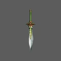 Ornate Decorative Sword Featuring Green Handle Golden Accents Star Shaped Top And Floral Blade Patterns