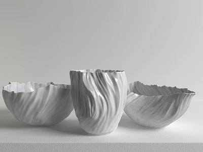 Three White Wavy Textured Floral Vases On Modern Tabletop 3d model