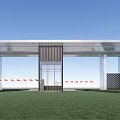 Modern Entrance Gate with Metal Canopy Glass Door Black Column Lawn and Red Railings