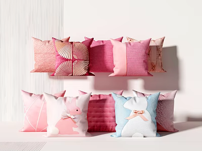 Cute Pink And Blue Throw Pillows With Rabbit Patterns And Various Textures 3d model