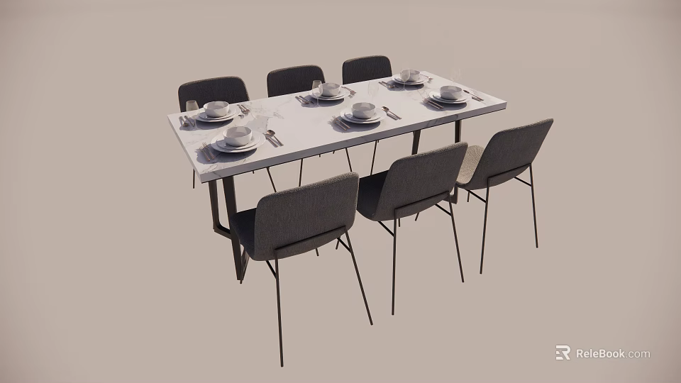 Modern Rectangular Dining Table Set With Six Chairs And Tableware 3d model
