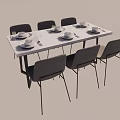 Modern Rectangular Dining Table Set With Six Chairs And Tableware 3d model