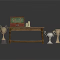 Rustic Wooden Table Display With Open Red Chest And Shiny Silver Trophies