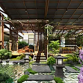 Serene Roof Garden Featuring Wooden Lattice Climbing Vines Stone Path Red Maple And Water Feature