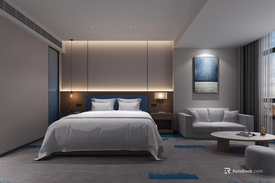 Modern Hotel Guest Room Featuring King Bed White Bedding Sofa Area Coffee Table Decorative Painting 3d model 