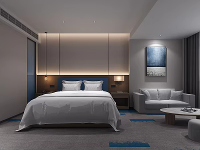Modern Hotel Guest Room Featuring King Bed White Bedding Sofa Area Coffee Table Decorative Painting 3d model