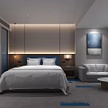 Modern Hotel Guest Room Featuring King Bed White Bedding Sofa Area Coffee Table Decorative Painting