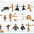 Traditional Agricultural Equipment Featuring Various Scarecrows Wheelbarrow Farm Tools And Pumpkins