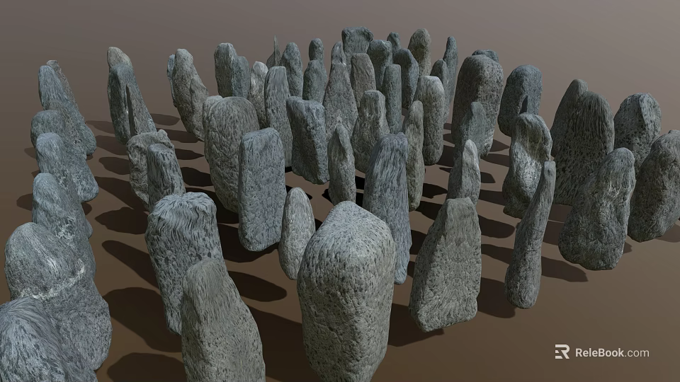 Irregular Shaped Standing Stones In Natural Display With Wooden Base And Gray Texture 3d model 