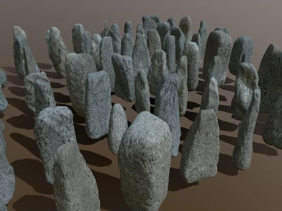 Irregular Shaped Standing Stones In Natural Display With Wooden Base And Gray Texture 3d model