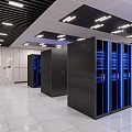 Server Room Interior With Black Racks Blue Indicator Lights And Wall Screens 3d model