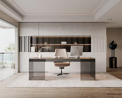 Modern Home Office Interior With Desk Chair Computer Open Bookshelf And Natural Lighting 3d model