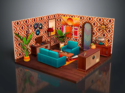 Vibrant Living Room Interior With Blue Sofas Green Plants Geometric Pattern Walls And Coffee Table 3d model