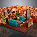 Vibrant Living Room Interior With Blue Sofas Green Plants Geometric Pattern Walls And Coffee Table