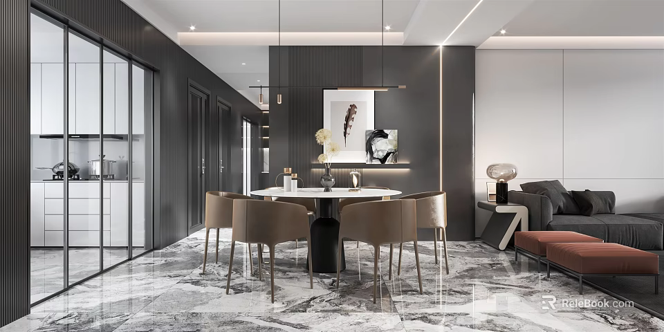 Contemporary Dining and Living Room Interior With Round Table Brown Chairs Marble Floor Decorative Painting 3d model 