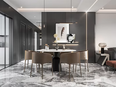 Contemporary Dining and Living Room Interior With Round Table Brown Chairs Marble Floor Decorative Painting 3d model