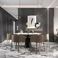 Contemporary Dining and Living Room Interior With Round Table Brown Chairs Marble Floor Decorative Painting