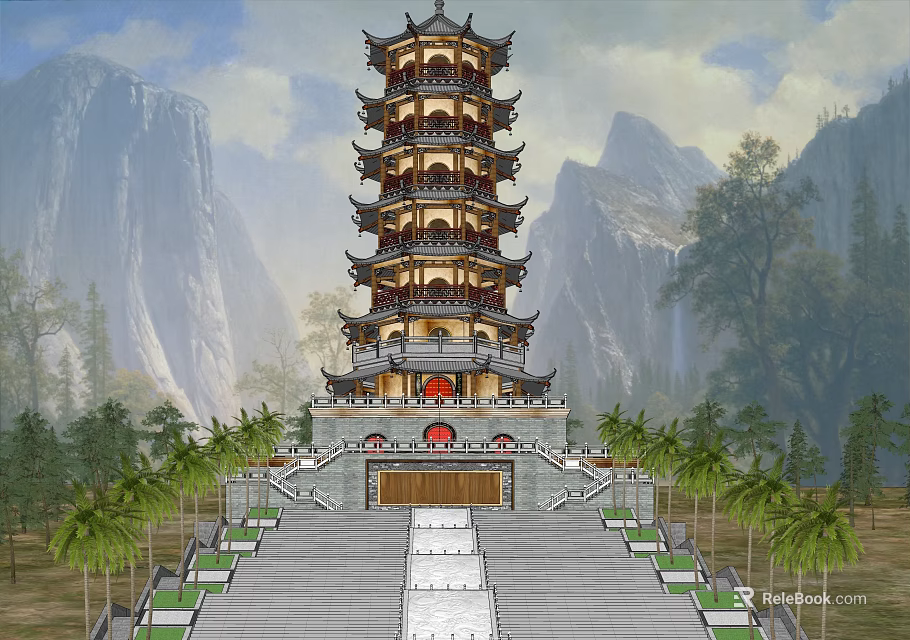 Ancient Architecture Multi Tiered Pagoda With Mountainous Backdrop Stone Steps And Palm Trees 3d model 