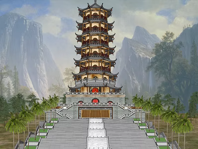 Ancient Architecture Multi Tiered Pagoda With Mountainous Backdrop Stone Steps And Palm Trees 3d model