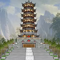 Ancient Architecture Multi Tiered Pagoda With Mountainous Backdrop Stone Steps And Palm Trees