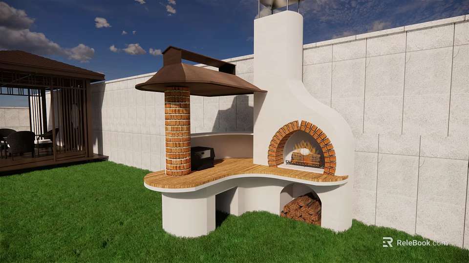 Outdoor Brick Oven With Chimney And Wood Pile On Green Grass Near White Wall 3d model 