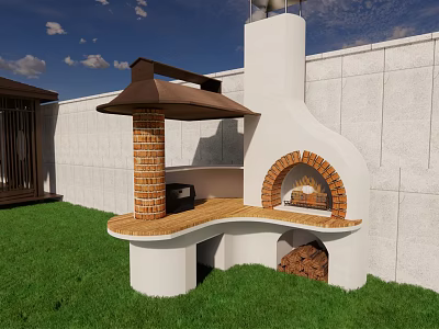 Outdoor Brick Oven With Chimney And Wood Pile On Green Grass Near White Wall 3d model