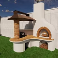 Outdoor Brick Oven With Chimney And Wood Pile On Green Grass Near White Wall
