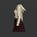 Cream Colored Hoodie With Drawstrings And Red Black Plaid Pleated Skirt 3d model