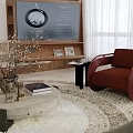 Modern Living Room Sofa And Coffee Table Set With Red Armchair Round Table Vase Books TV Wall And Curtains