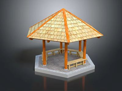Traditional Wooden Hexagonal Pavilion with Sloped Roof Pillars and Benches on Gray Concrete Base 3d model