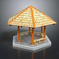 Traditional Wooden Hexagonal Pavilion with Sloped Roof Pillars and Benches on Gray Concrete Base