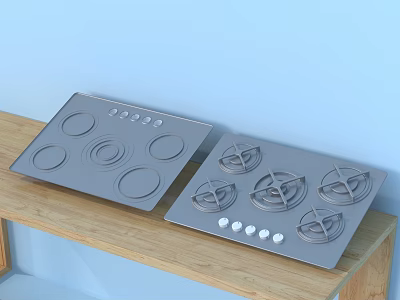 Modern Kitchen Appliances Including Electric Cooktop And Gas Hob On Wooden Countertop 3d model