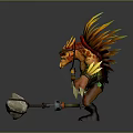 Mythical Game Character With Flame Spiked Hair Orange Red Skin Clawed Hands And Stone Hammer
