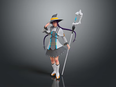 Woman In Witch Hat With Purple Braids Holding Magic Staff In Gray And Blue Outfit 3d model