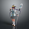 Woman In Witch Hat With Purple Braids Holding Magic Staff In Gray And Blue Outfit
