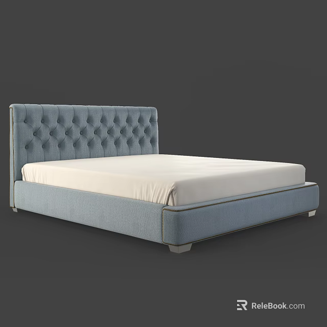 Modern Blue Tufted Double Bed with Diamond Pattern Headboard and White Mattress 3d model 