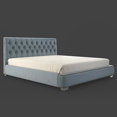 Modern Blue Tufted Double Bed with Diamond Pattern Headboard and White Mattress 3d model